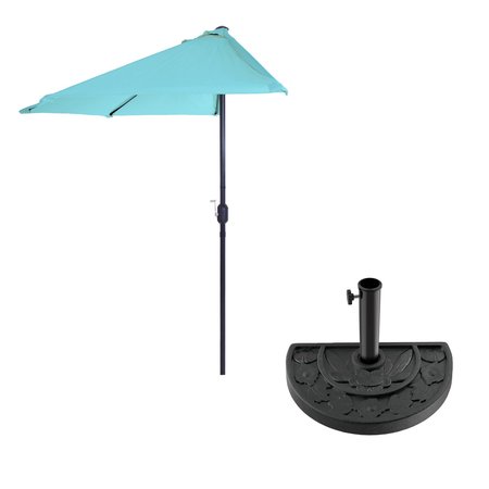 Pure Garden 9 Ft Semicircle Patio Umbrella with Base, Blue 50-145-BB